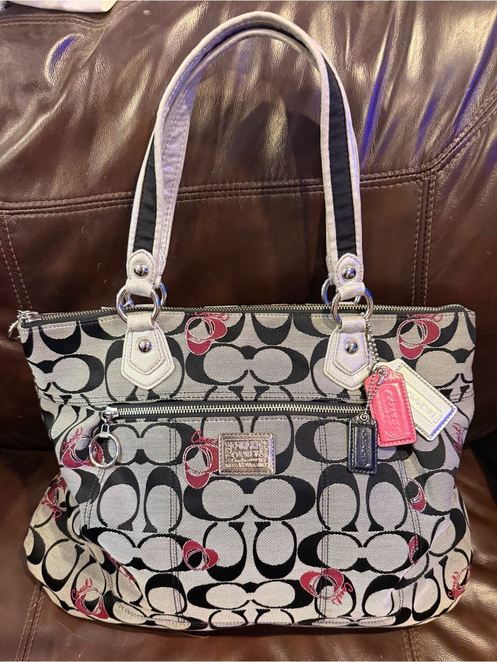 Authentic Coach Poppy Signature Glam Tote Black Gray Pink Jacquard Silver Trim C